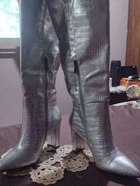 Silver Croc-Embossed Knee-High Heeled Boots